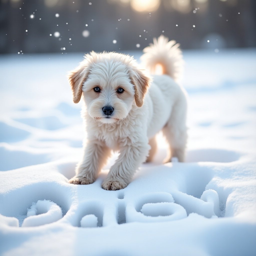 A white Cockapoo puppy is playing in the snow writing the name Daisy. Snowflakes are gently falling around. The dog looks playful and adorable in a winter setting.