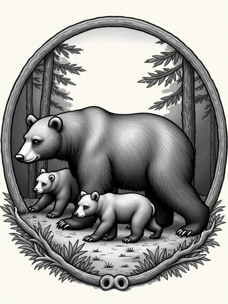 Illustration of a California bear with two cubs in a forest. The bear appears sleek and bold. Trees surround the scene. The drawing has a monochromatic scheme.