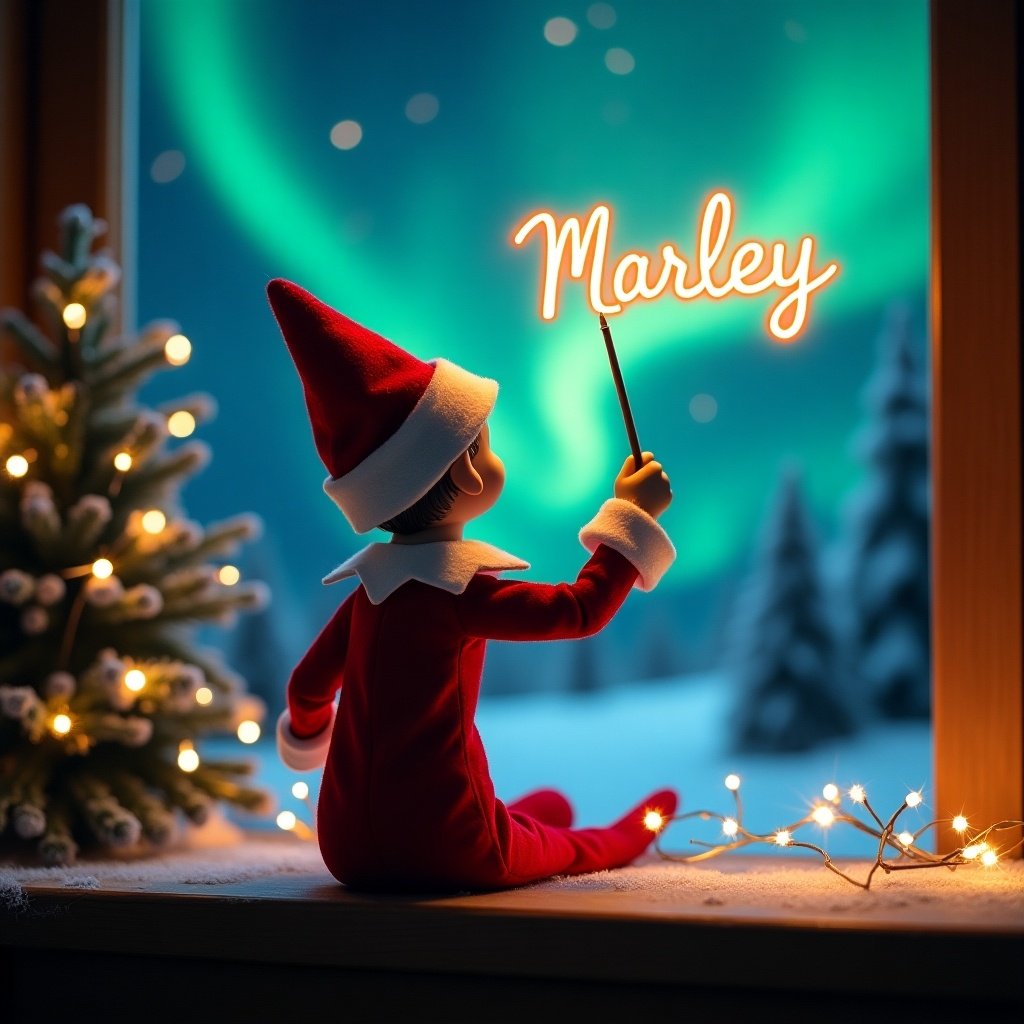 An enchanting Christmas scene features an elf on the shelf, facing the sky with his back to the viewer. The elf is dressed in festive red and white. He wields a magic wand, writing 'Marley' in glowing script above. The backdrop showcases vibrant northern lights, adding a magical ambiance. A decorated tree and lights bring warmth to the scene, enhancing the festive spirit. This whimsical portrayal captures wonder and excitement for the holiday season.