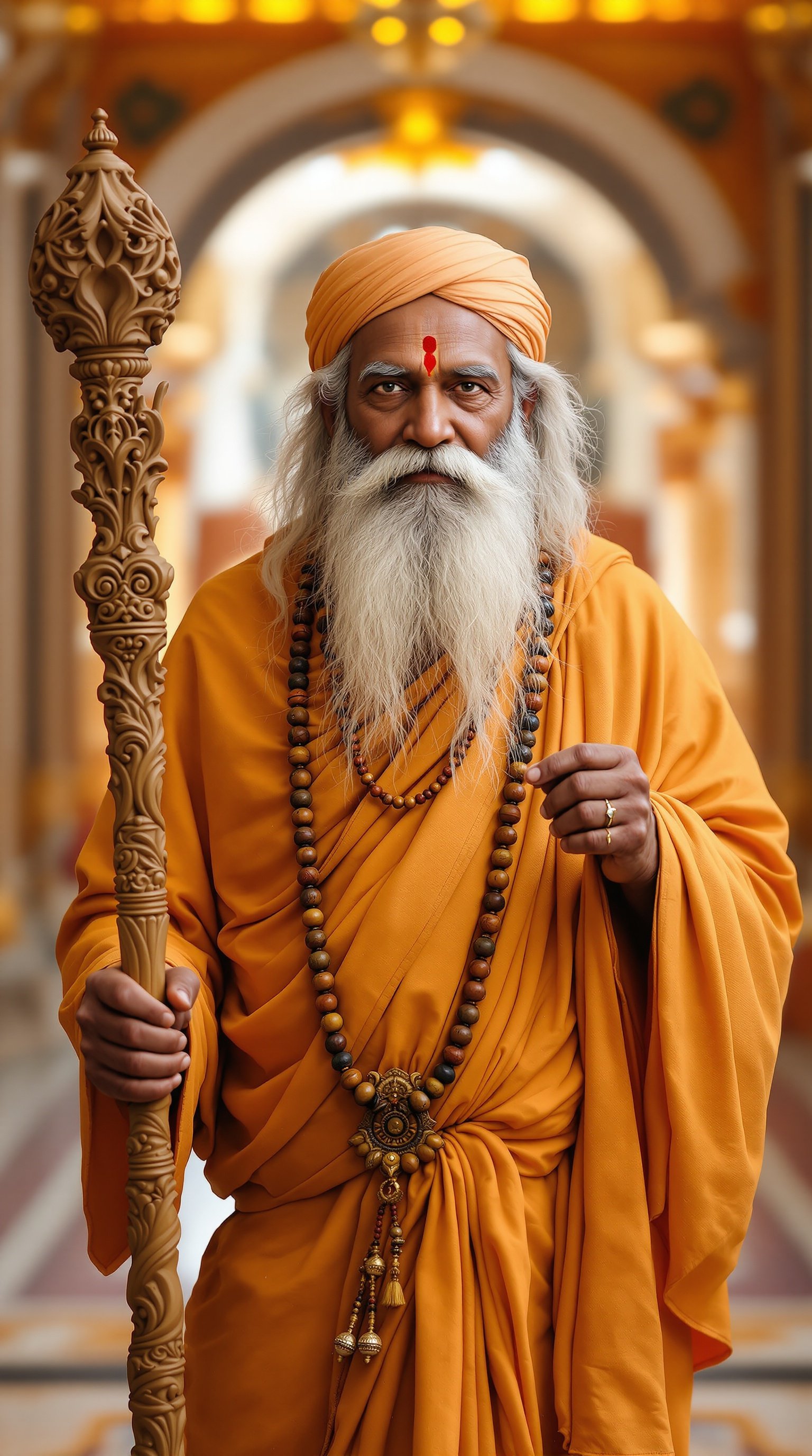 Ultra-HD image of a serene Indian sage with a long white beard. Dressed in saffron robes, holding an intricately carved wooden staff and wearing a rudraksha mala. Stepping into a grand royal court.