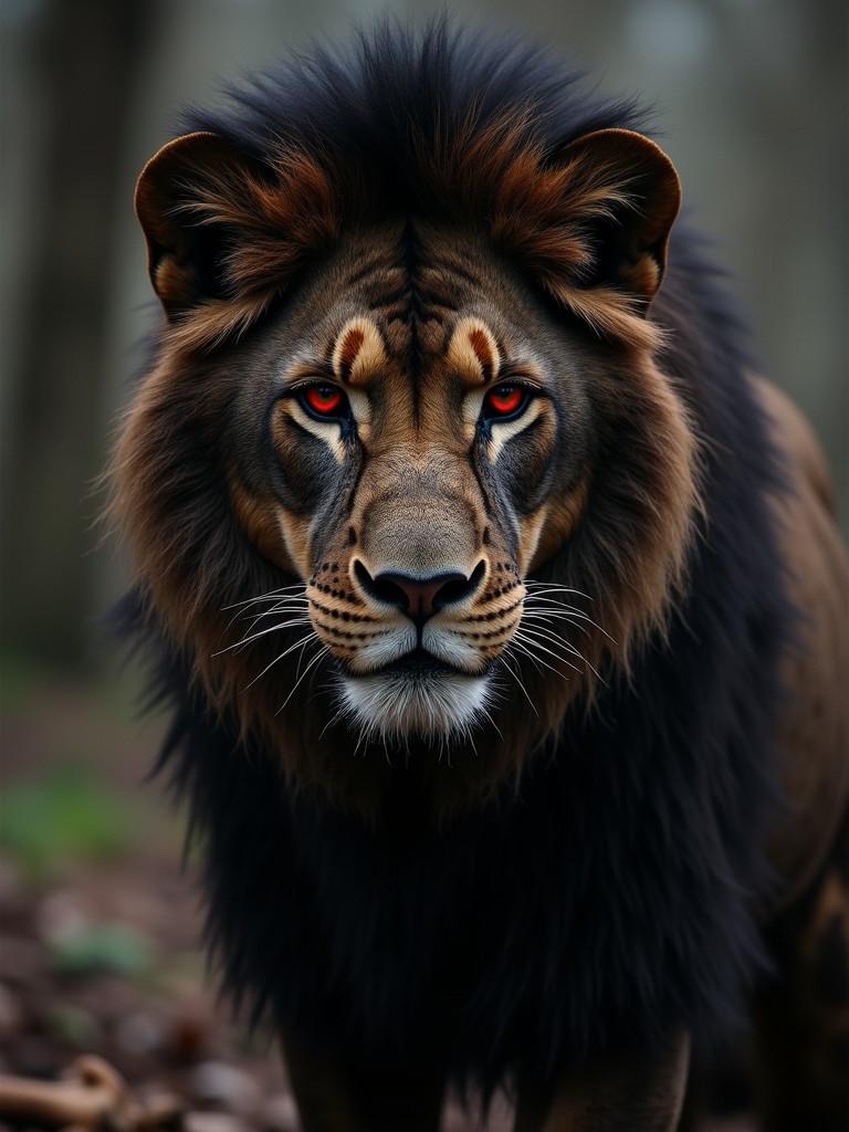 Female lion with black and brown fur has a scar over the right eye. Red eyes are prominent. Background includes bones creating a mysterious scene.