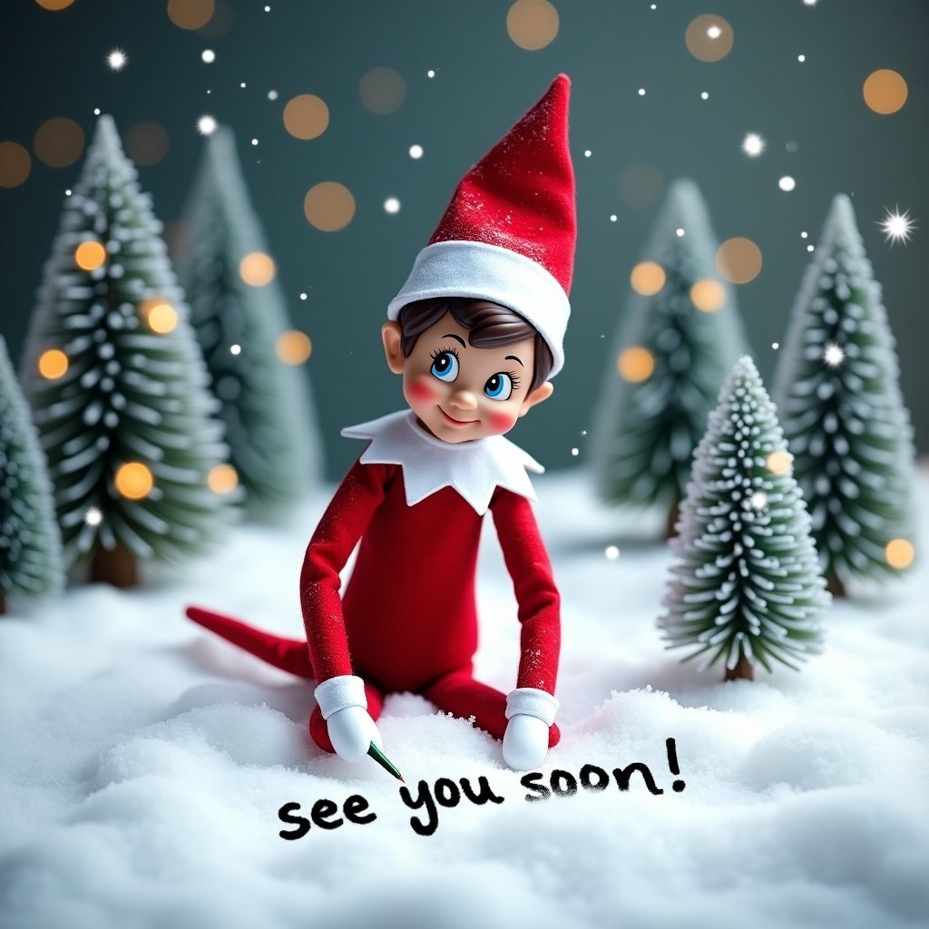 An Elf on the Shelf is sitting in a snowy landscape. The elf is busily writing in the snow with a pencil. It says 'see you soon Mason, Bodhi, Zarli, and Huxley'. The elf appears cheerful and focused, showcasing rosy cheeks, brown hair, and blue eyes. In the background, small evergreen trees are lightly dusted with snow and adorned with twinkling lights, adding to the magical winter atmosphere. Snowflakes are gently falling around, enhancing the festive vibe. The elf is dressed in a classic red and white outfit, embodying the spirit of Christmas.