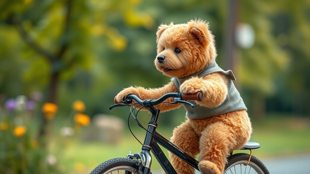 A fluffy teddy bear wearing a sweater rides a bicycle through a park.