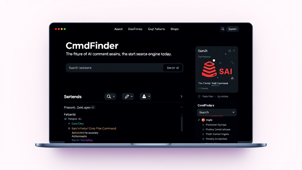 A laptop displaying the CmdFinder webpage with a dark-themed user interface.