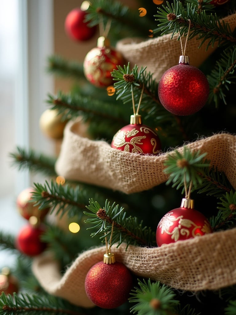 Close-up view of a decorated Christmas tree. Ornaments in red and gold hang from the branches. Burlap ribbon wraps around tree. Soft lighting creates a festive atmosphere. Focus on colorful baubles and natural greenery.