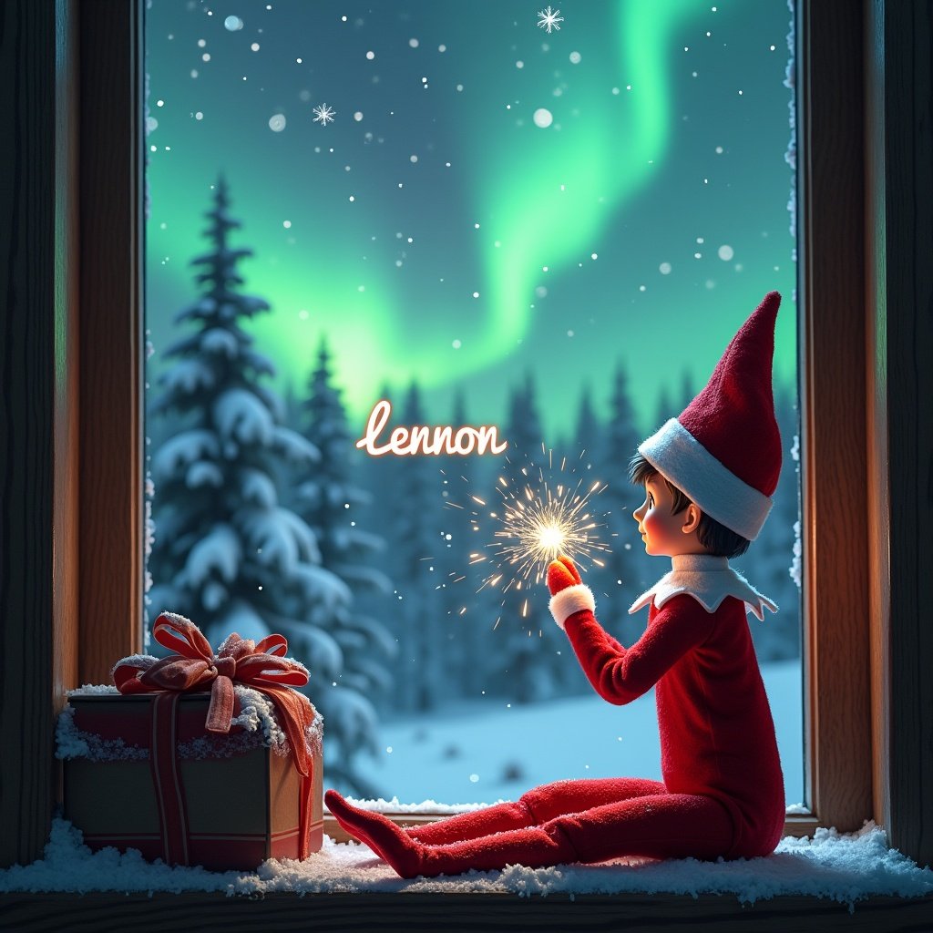 The image features an adorable elf on the shelf sitting on a window ledge, with his back turned to the viewer. He is using a magical wand to create twinkling sparks while looking up at a stunning display of northern lights. The background is set in a winter wonderland, filled with snow-covered pine trees, conjuring a festive holiday feel. Dressed in a vibrant red outfit with white trim, the elf embodies the Christmas spirit. The scene is illuminated by the enchanting colors of the aurora borealis, enhancing the magical ambiance. He is writing the name Lennon with his magic wand.