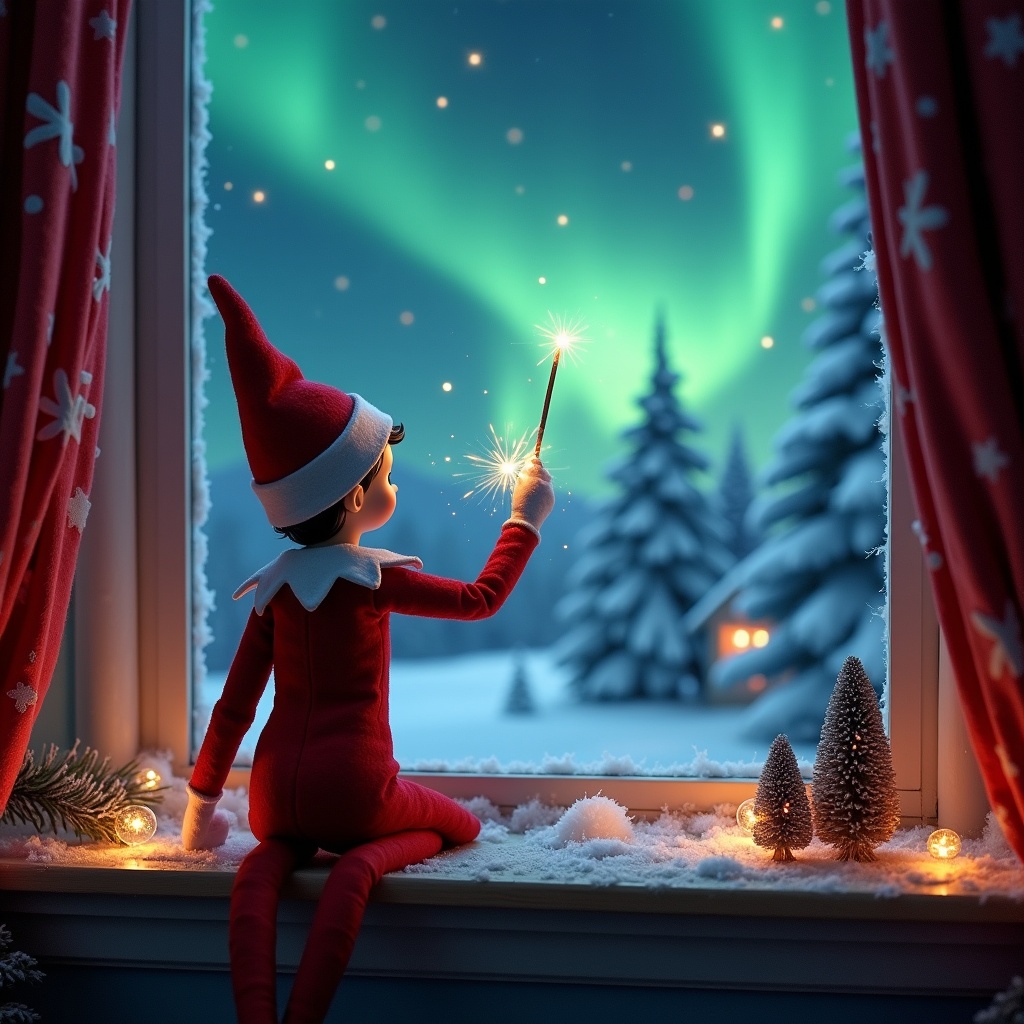 The image shows a girl elf sitting on a windowsill, facing away from the viewer. She gazes out at a magical Christmas night, with the Northern Lights shimmering in vibrant colors. In her hand, she holds a wand, sparkling as she writes the words 'Delilah I’m coming back' in the sky. The outside is a picturesque winter wonderland with snow-covered trees, while the cozy room is adorned with Christmas decorations. The warm light adds to the enchanting atmosphere, making it feel festive and inviting.