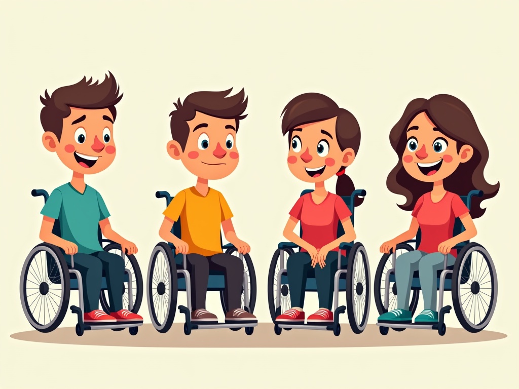 A set of funny cartoon people in wheelchairs. Two males and two females. Characters display cheerful expressions. Cartoon style with flat vector illustration. Bright colors and playful design.