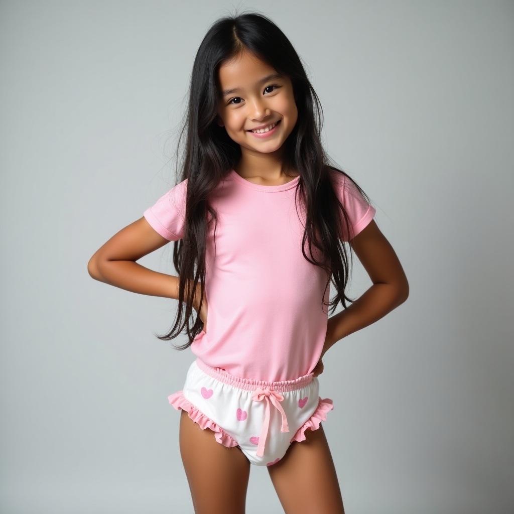 Image of a young girl with long black hair in playful pose. She wears a fitted pink t-shirt and a cute diaper. Background is soft gray. Relaxed stance shows confidence. Soft lighting enhances playfulness.