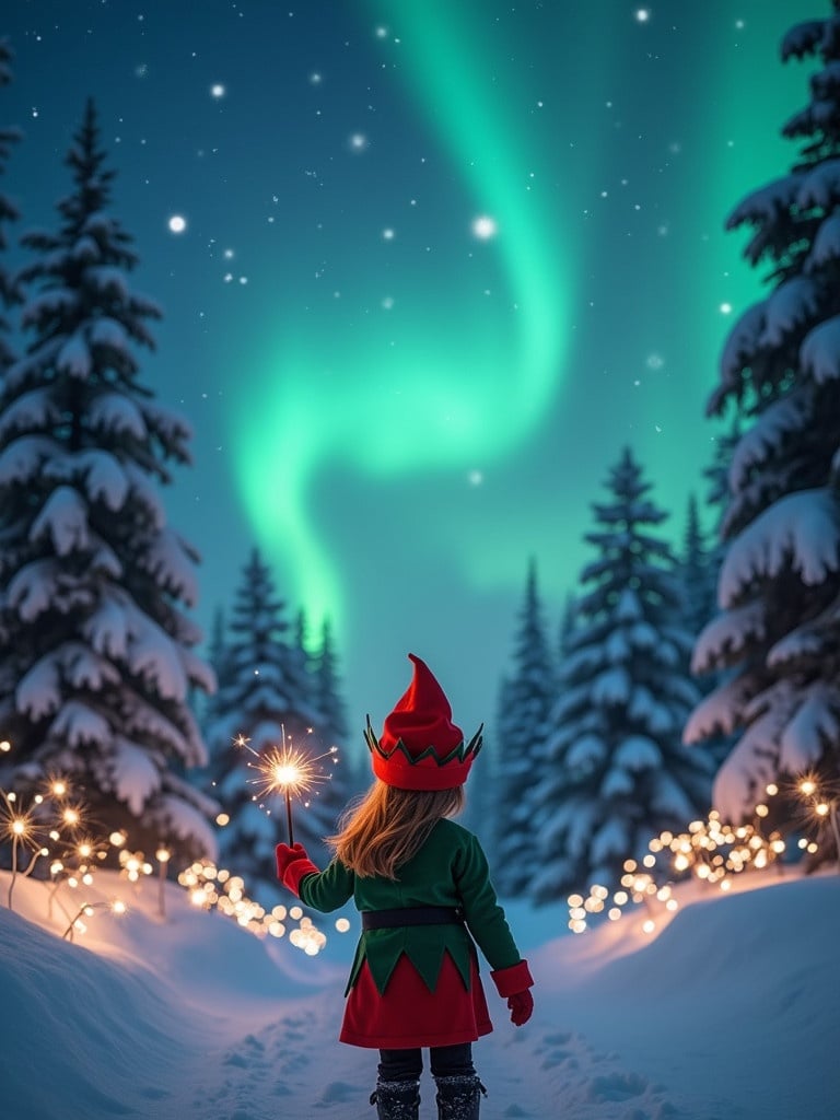 Magical winter scene captures child dressed in elf costume from behind. Child named Riley gazes at the sky. Riley holds a wand creating a beautiful spark. Northern lights glow over snow-covered landscape. Surrounding trees are blanketed in snow. Twinkling lights in the foreground add warmth.