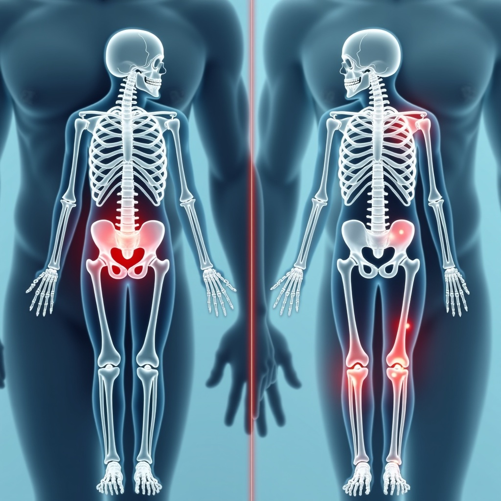 Illustration comparing healthy bones with arthritis-affected bones. Two skeletons side by side. One displays health, the other highlights arthritis effects. Red indicators show problem areas.