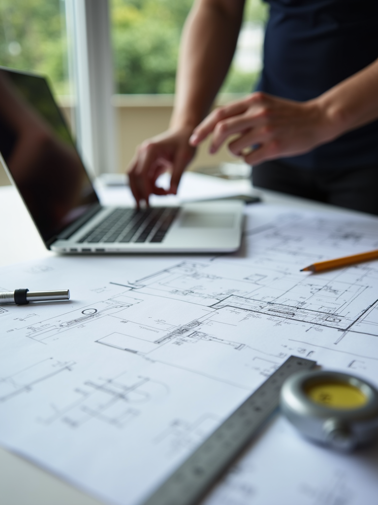 The image shows a person working on architectural blueprints with a laptop, ruler, and pencil on a bright desk.