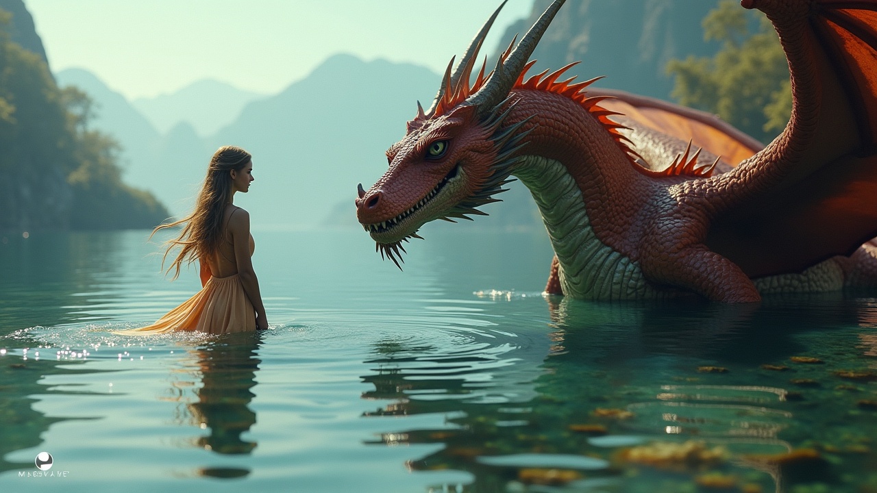 A gorgeous woman is standing in the water next to a dragon, creating a magical and enchanting scene. The dragon is detailed with vibrant red hues and fierce features, showcasing its mythical nature. The woman wears a flowing dress that softly drapes in the water, embodying elegance and strength. Surrounding them, the serene water reflects the majestic mountains in the background, enhancing the fantasy atmosphere. The setting is bathed in soft, natural light, making the scene feel both intimate and grand.