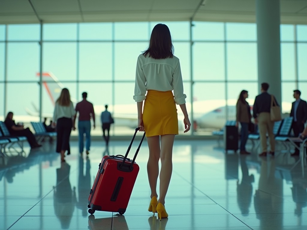 A woman is walking through a sleek airport terminal, pulling a vibrant red suitcase. Her outfit is stylish, with a white blouse and a yellow skirt and shoes that add a pop of color. The large, bright windows encompass most of the background, revealing parked airplanes and other travelers moving in various directions.