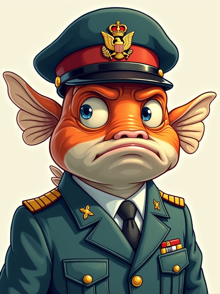 Cartoon character of a fish in a military uniform. Fish wears a hat. Fish appears old and grumpy. Character has a serious expression. Military attire includes medals. Fate of fish reflects personality.