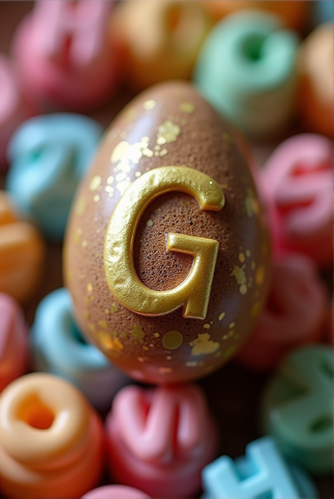 A brown egg with golden speckles and the letter 'G' is surrounded by colorful, textured letters.