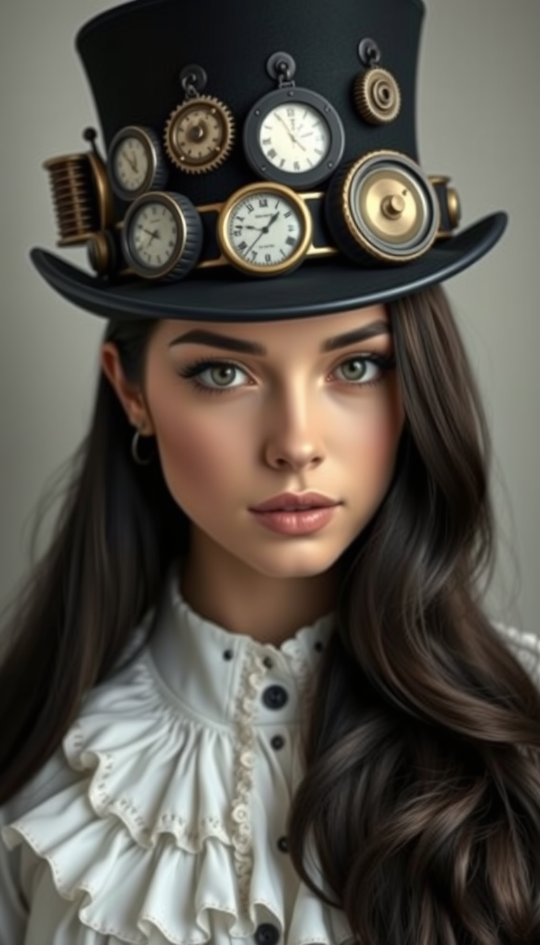 A woman wears a steampunk hat adorned with gears and clocks.