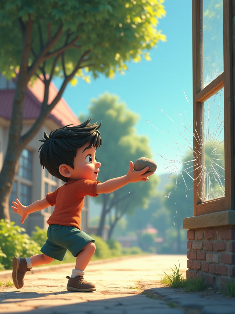 3D animated scene featuring a young boy throwing a stone at a window. The boy is about 12 years old. The stone is about to hit the glass, creating cracks. The setting is outside a school building with trees in the background and a clear sky. The mood is intense with soft lighting.