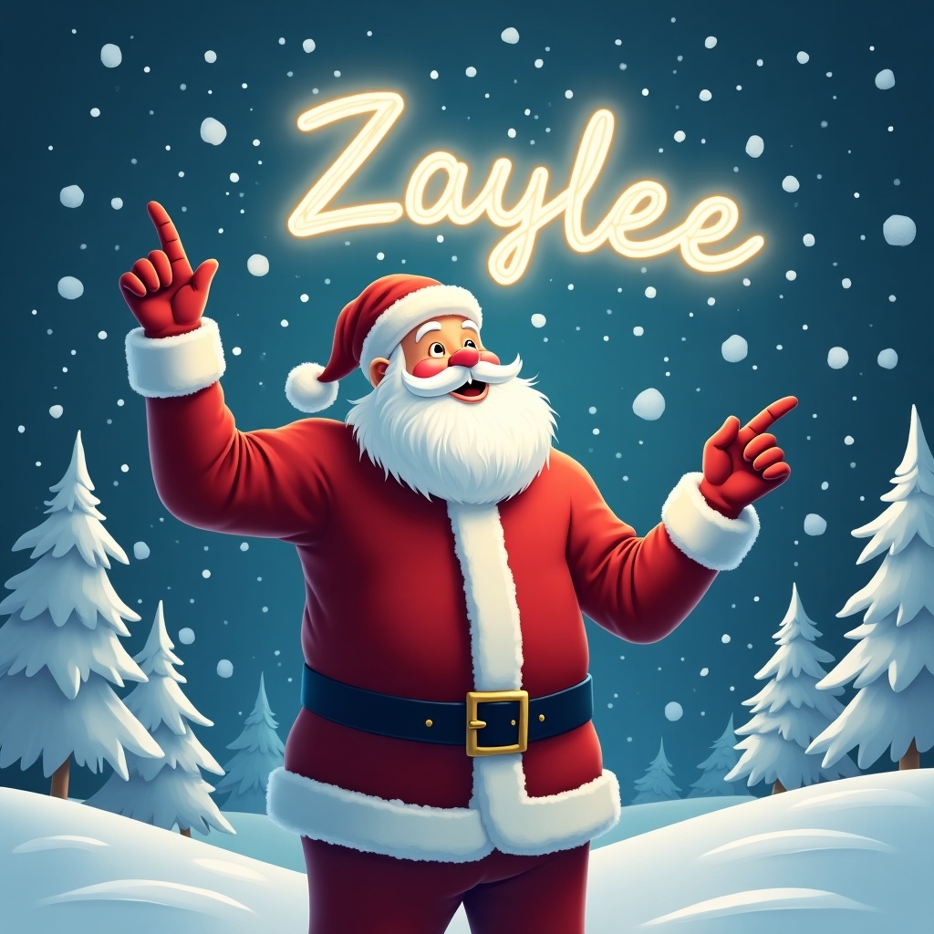 The image depicts a joyful Santa Claus standing in a winter wonderland. He is dressed in his traditional red suit with white trim and a matching hat. Santa is pointing upward as if he is magically writing a name in the sky. Snowflakes gently fall around him, adding to the festive atmosphere. In the sky, the name 'Zaylee' is written in bright, glowing letters. The background features snowy trees, enhancing the Christmas scene.