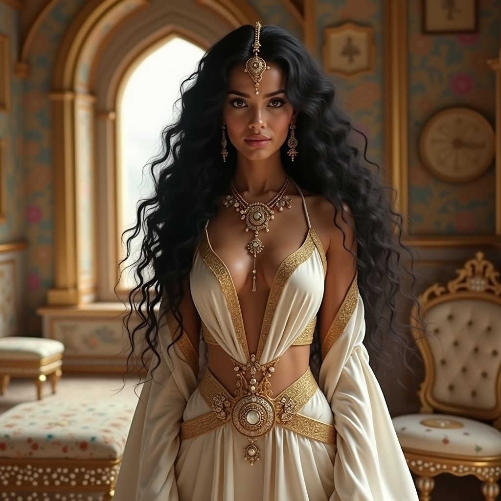 Apsara stands in private chamber. Long curly hair flows freely. Large eyes are enchanting. Soft pink radiance on face. Wears white silk attire with golden trims. Adorned with heavy jewelry. Chamber furnished with golden and pearl-encrusted furniture. Window offers view of heavenly realm.