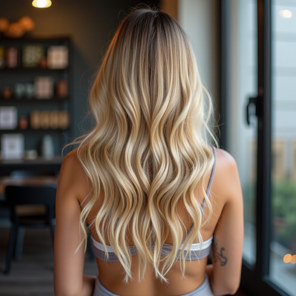 Large blonde hair cascading down the back. Subject in a room with modern decor. Focus on hair texture and style. Soft lighting enhances the scene.