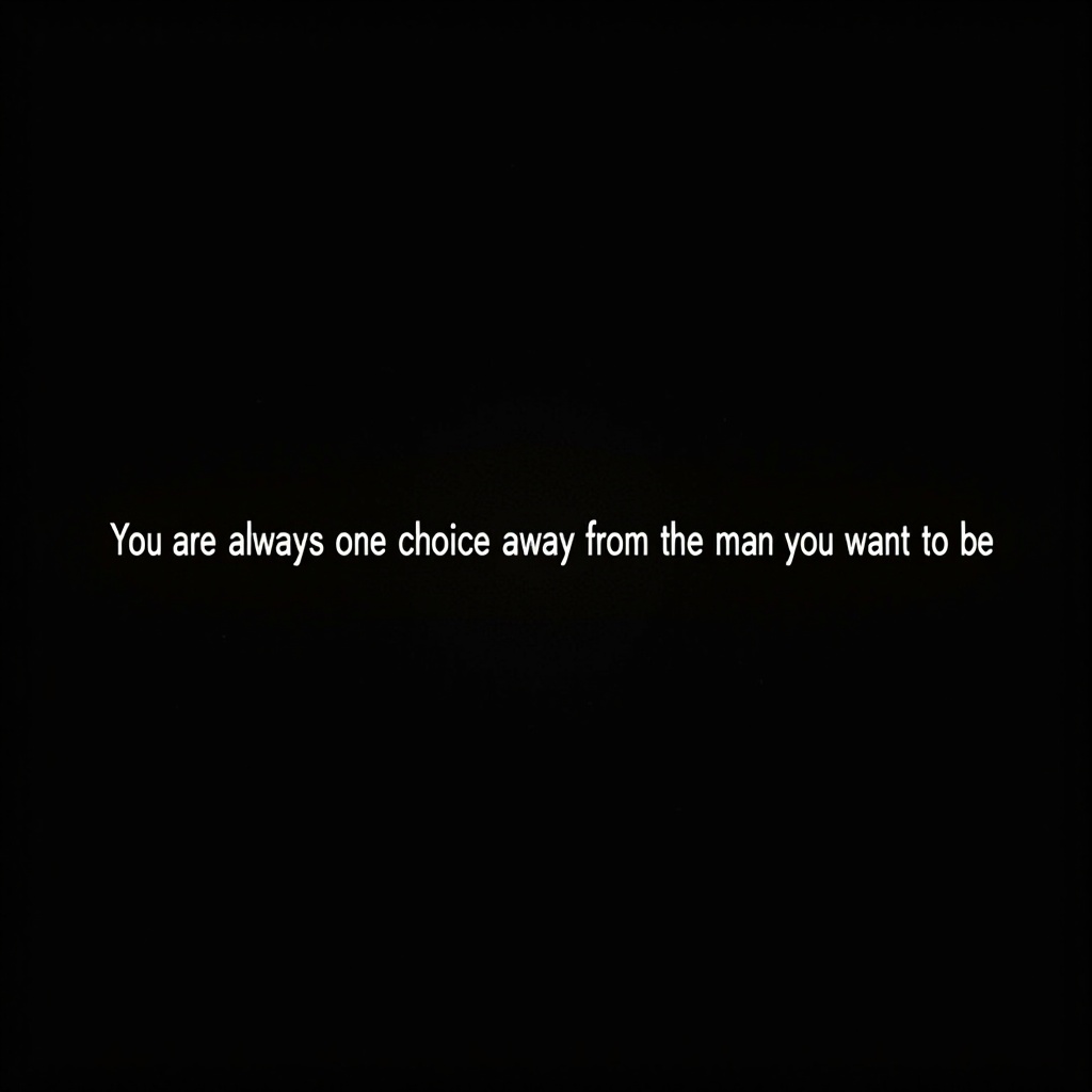 The image features a thought-provoking quote displayed prominently on a plain black background. The text reads: 'You are always one choice away from the man you want to be.' It conveys a powerful message about the importance of decision-making in personal development. The clear white font stands out sharply against the dark background, enhancing readability. This image serves as a reminder that transformation can happen through small, mindful choices.