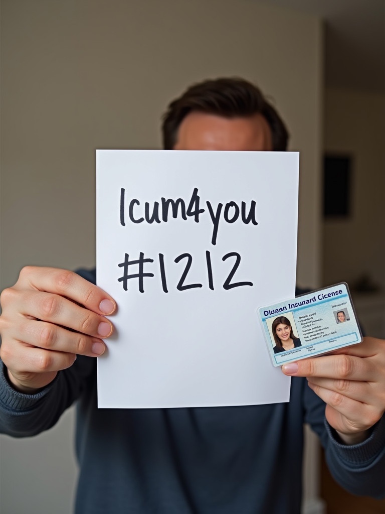 A person holds a piece of paper with the handwritten text Icum4you #1212. The person shows their driver's license in the other hand. The scene is indoors with soft lighting. The paper is the main focus of the image. The environment is neutral and calming.