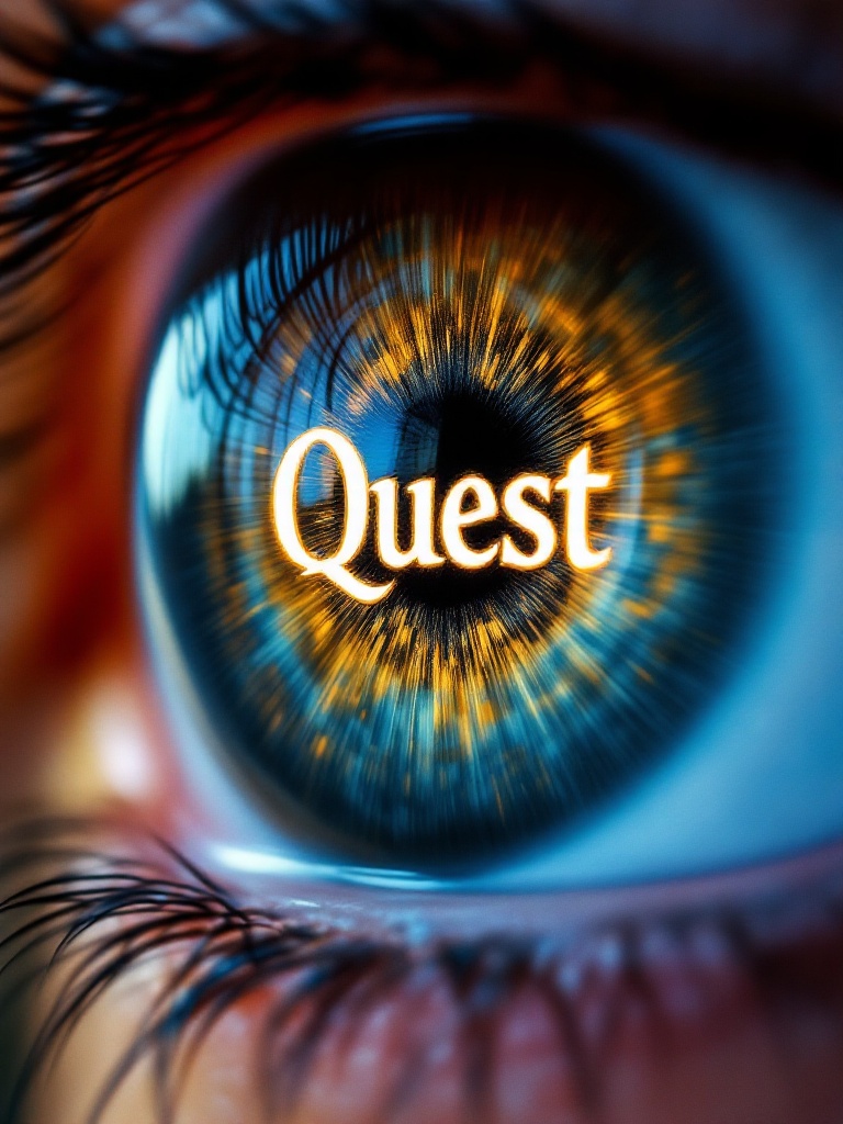 Close-up of a child's eye. Intricate design in the pupil. The word 'Quest' glows from within. Vibrant colors radiate from the iris. The image evokes mystery and exploration. Represents the start of an adventure.