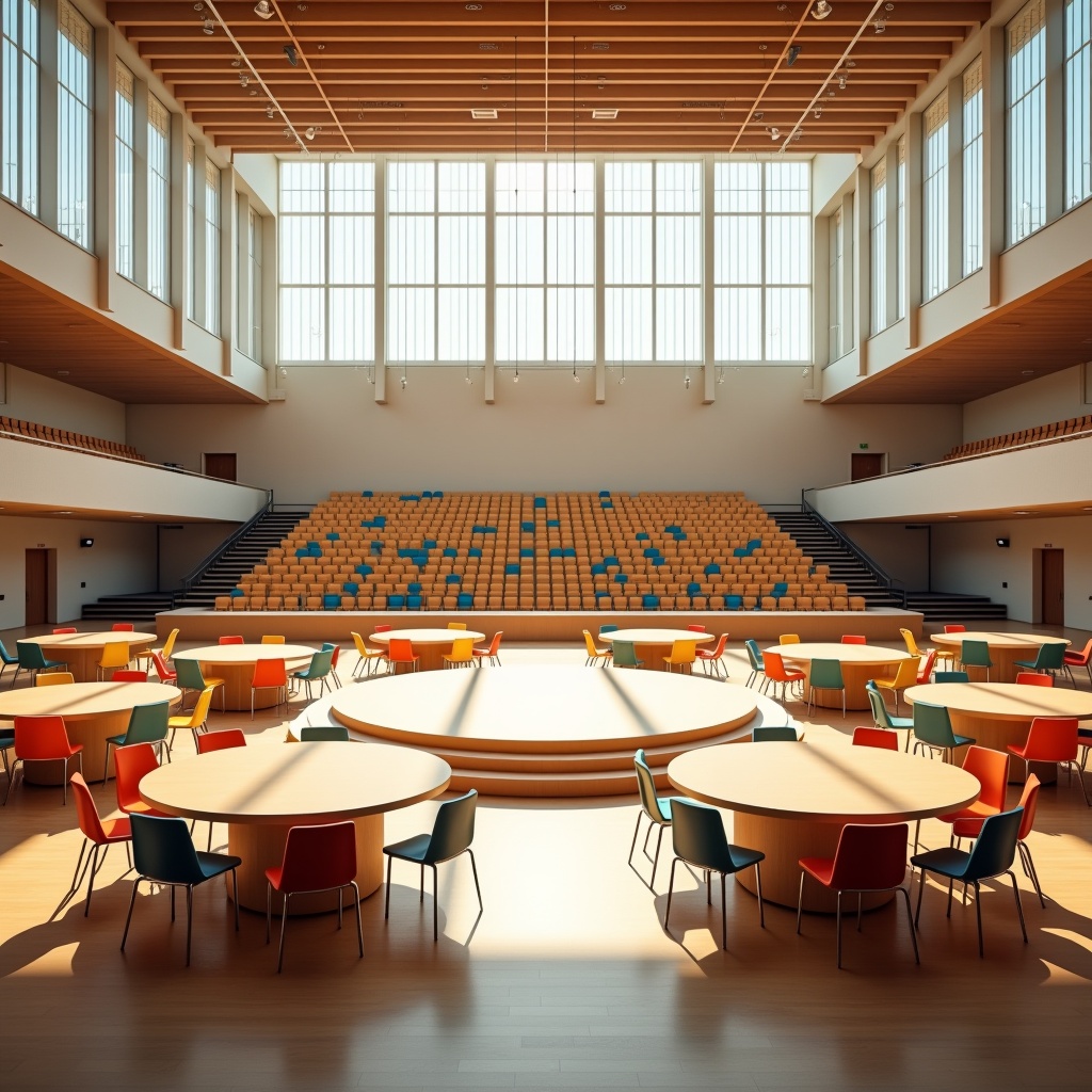 The image depicts a spacious, modern hall with large windows allowing sunlight to pour in, creating a warm atmosphere. The interior features circular and rectangular tables arranged for an event, with colorful chairs surrounding them. In the center, a circular stage is prominent, likely intended for performances or speeches. The design emphasizes an open, airy feel, enhanced by the use of natural lighting and clean lines. The stadium seats in the background suggest this space can accommodate a large audience for various events.