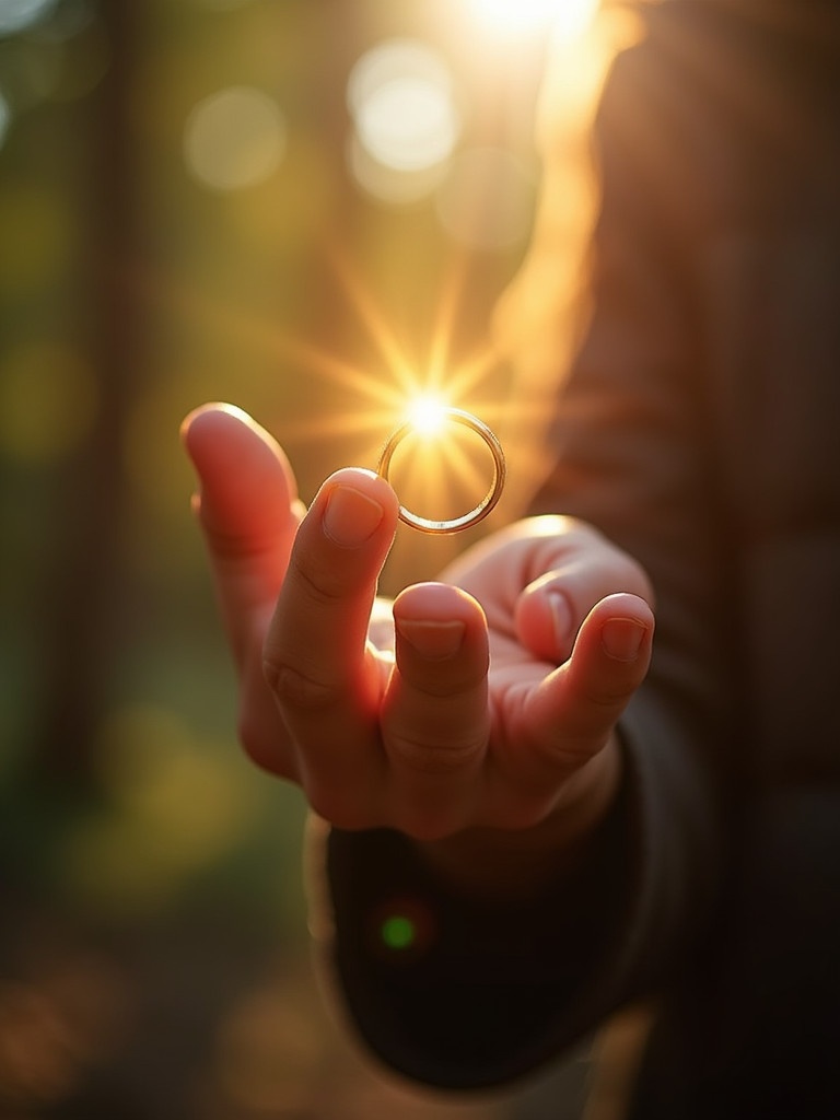 A hand holds a ring in the woods. The ring glimmers with sunlight. The scene captures a sense of letting go and power. The hand features visible veins. Rays of sunlight create a magical atmosphere. The setting is tranquil and enchanting.