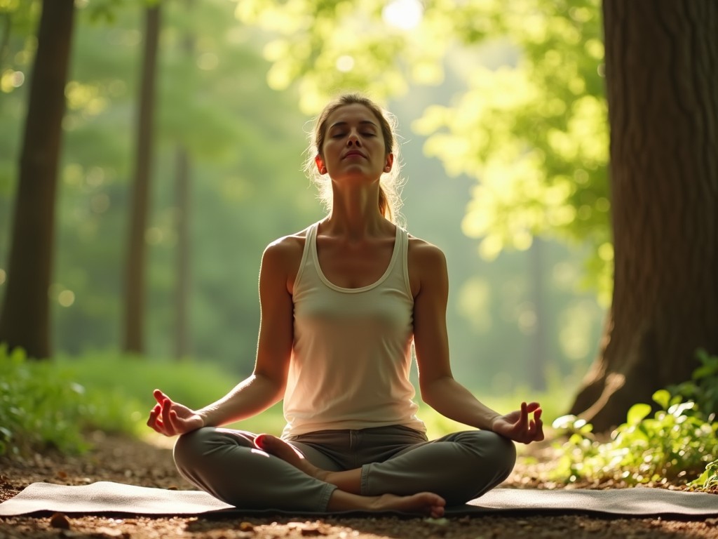 The image features a person sitting cross-legged in a peaceful outdoor setting. They are meditating with their eyes closed, exuding tranquility and focus. The background is rich with natural greenery, creating a serene atmosphere. Soft sunlight filters through the trees, enhancing the calming vibe of the scene. This moment captures the essence of mindfulness and connection with nature naturally.