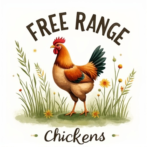 A hand-painted watercolor style logo featuring a free-range chicken among wildflowers and tall grass. Soft natural tones of greens, browns, and yellows. Whimsical, handwritten-style text enhances artisanal charm. Unique, earthy, and playful.
