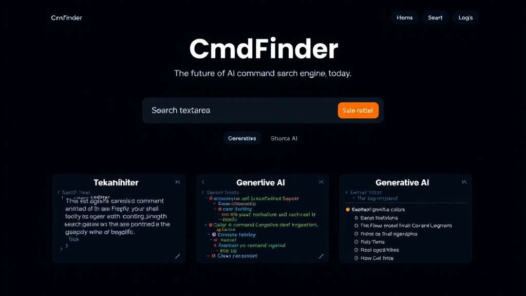 A futuristic web interface for AI command search with dark theme and code-like elements.