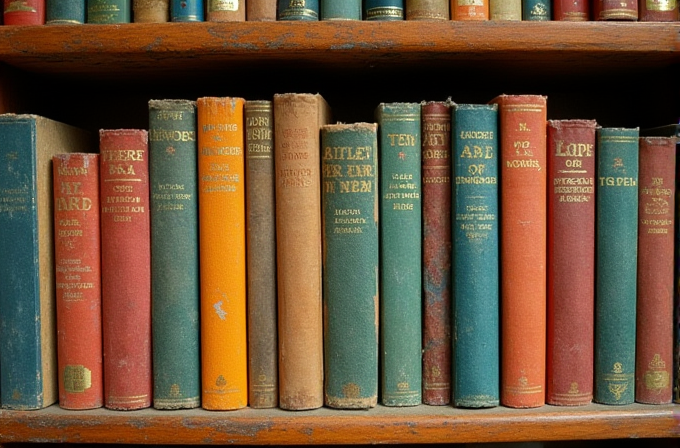 The image shows an assortment of vintage hardcover books neatly arranged on a wooden shelf.