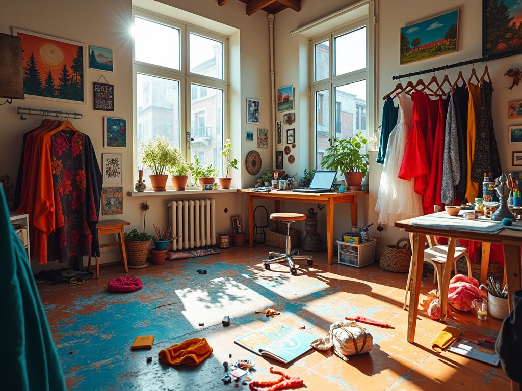 A sunlit art studio filled with plants, clothing racks, art supplies, and paintings, creating a cozy and creative atmosphere.