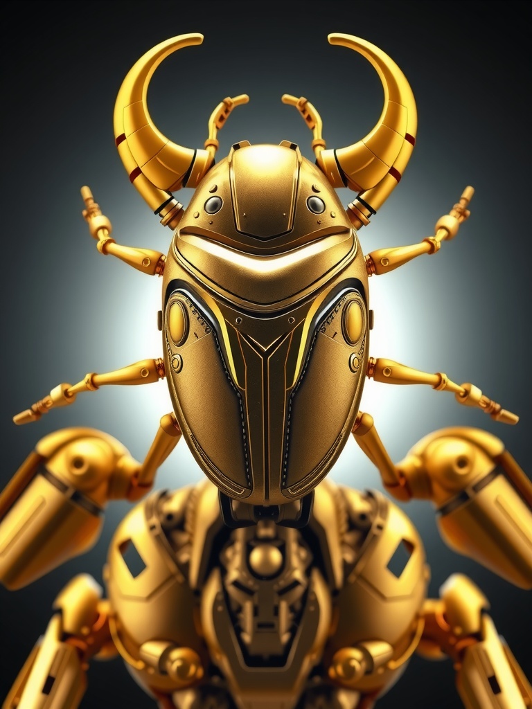 A striking image of a mechanical creature with a beetle-like head adorned with large, curved golden horns. The robotic figure displays intricate detailing and a sleek, metallic finish, emphasizing its futuristic and animalistic design. The background is softly lit, accentuating the golden hue of the creature and enhancing its majestic and powerful presence.