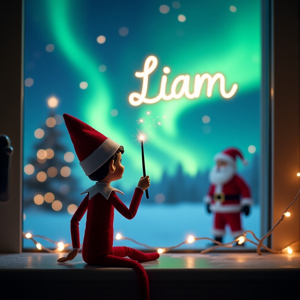 An elf on the shelf is sitting on a windowsill, showing his back to the viewer. He holds a magic wand, using it to elegantly write the name 'Liam' in the sky. The background is enchanting, featuring breathtaking northern lights and a jolly Santa Claus nearby. Soft, festive lights surround the window, enhancing the magical feel. This scene captures the essence of Christmas, blending tradition and whimsy in a beautiful display.