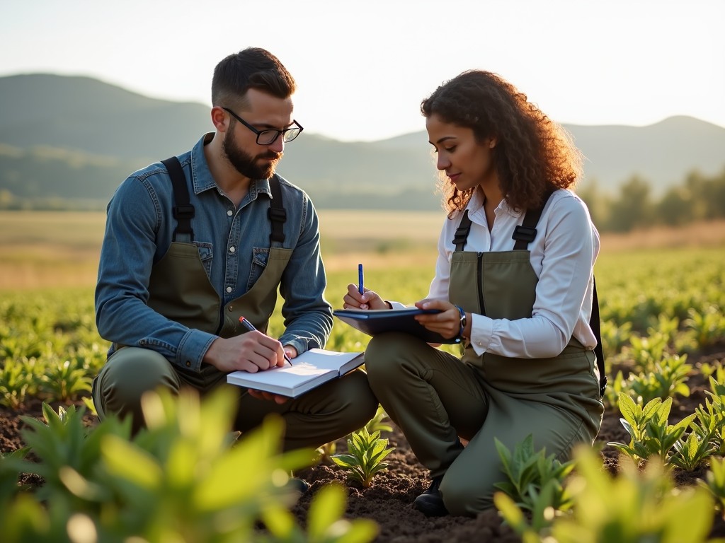 The image showcases two environmental consultants, a male and a female, engaged in a serious task in a rural setting. They are dressed in professional outdoor gear suitable for fieldwork. The consultants are inspecting soil samples, one is writing in a notebook while the other carefully analyzes the ground. The background highlights a lush green landscape with soft hills in a sunlit environment, promoting the theme of teamwork and environmental stewardship. Their modern tools reflect their commitment to scientific practices and responsible agriculture.