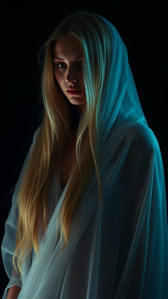 A woman with long blonde hair is shrouded in a sheer blue fabric against a dark background.