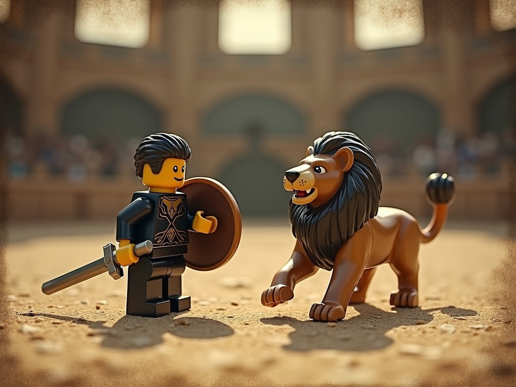 The image depicts a playful scene of a LEGO-style gladiator facing a lion. The setting resembles an ancient arena, with the figures made entirely of LEGO bricks. The gladiator holds a shield and sword, while the lion stands ready across from him, both exuding a sense of adventure and playfulness.