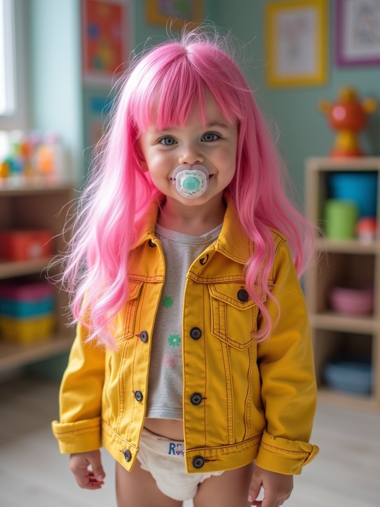 A young girl stands in a colorful kindergarten classroom. She has long pink hair and bright green eyes. Wearing a yellow denim jacket and a diaper. She is smiling and holding a pacifier.