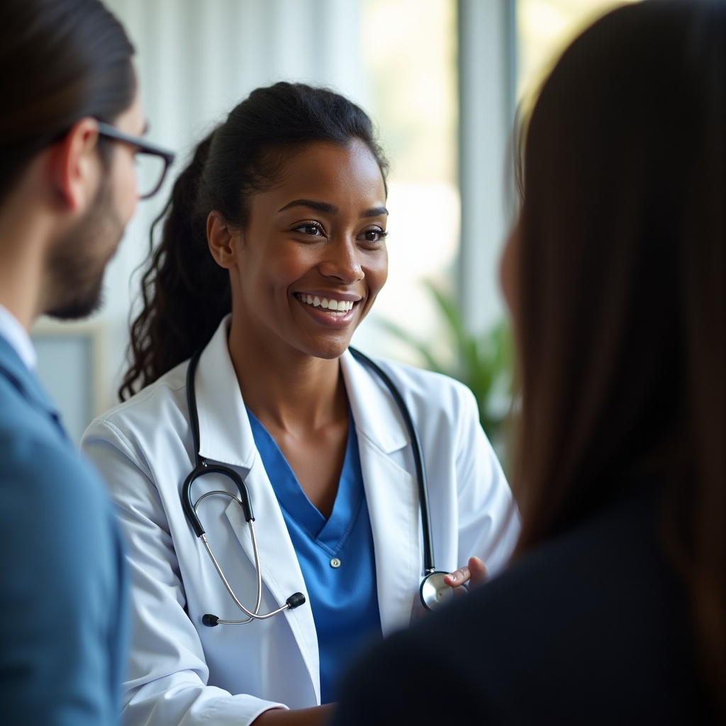 A black female doctor wearing a white coat and stethoscope is engaged in a conversation with patients. She has a warm, welcoming smile that creates a sense of comfort. The setting is an exam room, where natural light softly illuminates the space. There is a shadowy figure in the background, adding depth to the scene. The interaction portrays a professional yet friendly atmosphere, emphasizing the importance of communication in healthcare settings.