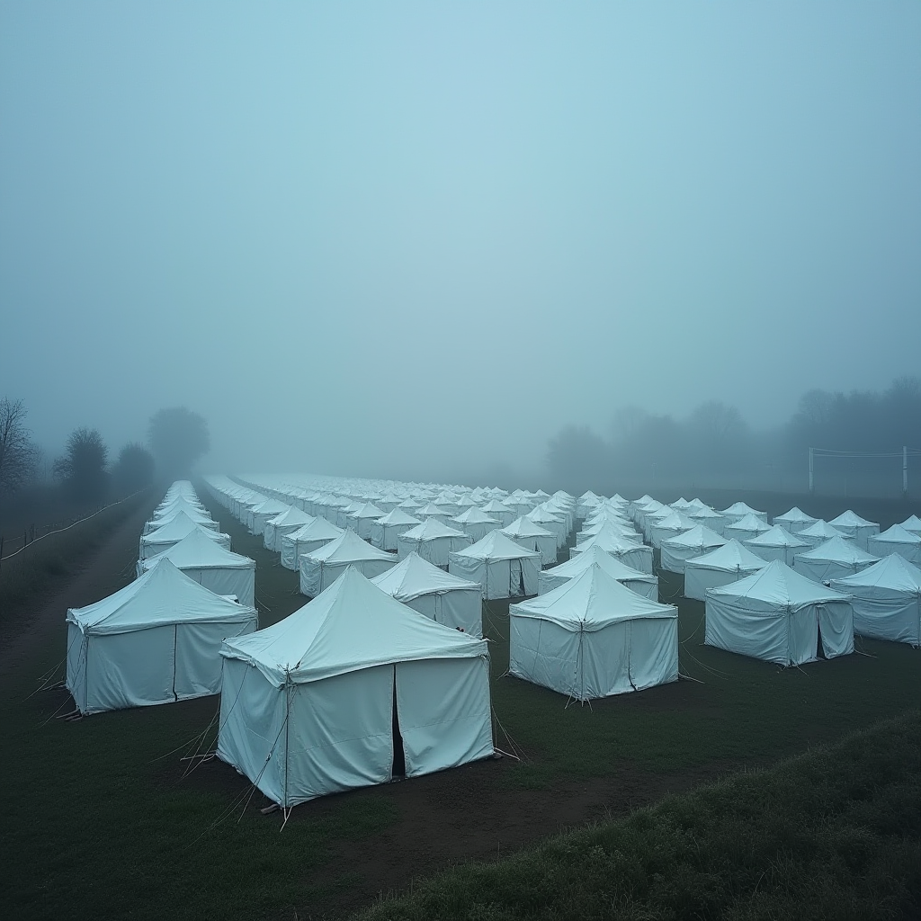 Rows of white tents are lined up on a foggy field, creating a serene and misty atmosphere.