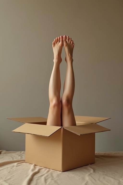 A pair of woman's feet sticks out of a cardboard box. The setting has a neutral background that emphasizes the subject. The feet are well-groomed and create a playful image.