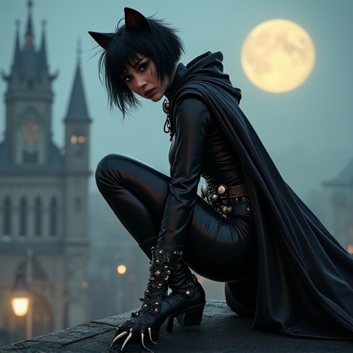 Crouching character on a rooftop under a full moon. Black leather catsuit with steampunk elements. Short black hair with stylish cut. Dynamic and agile pose. Mysterious atmosphere in a gothic cityscape at night.