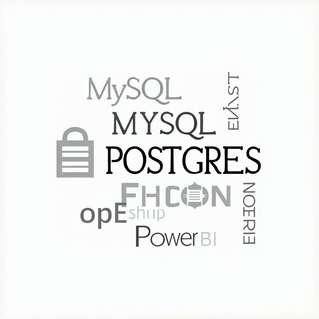 Minimal image with tech features as background including words MySQL, Postgres, Excel, R, Python, Tableau, Power BI.