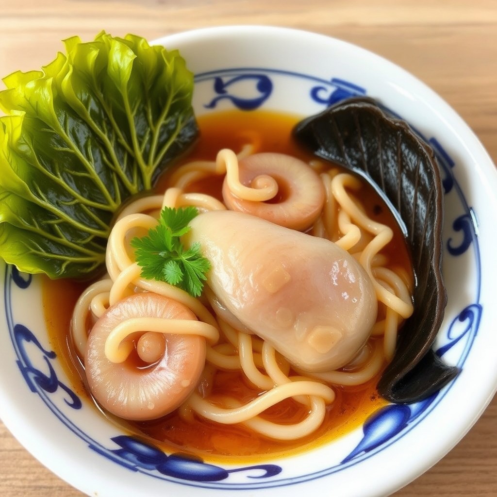 A whimsical bowl of noodle soup with uniquely shaped ingredients resembling eyes and a nose.