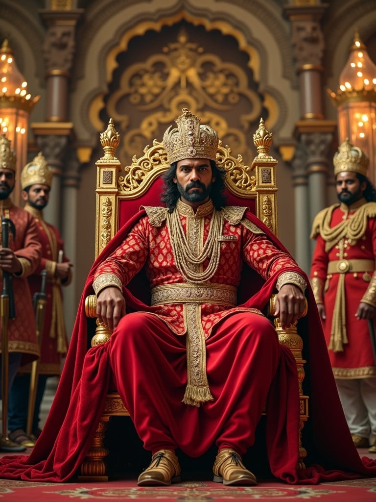 Majestic royal court in ancient India. King seated on a golden throne. Wears royal red and gold sherwani. Flowing velvet cape adorns king. Jeweled crown on head. Serious expression. Ministers and soldiers stand around. Hall with intricate stone carvings and golden chandeliers.