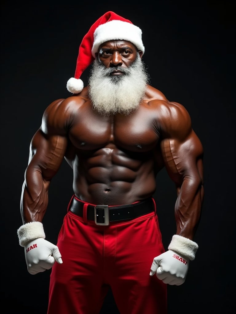 The image shows a muscular black African Santa Claus. He has impressive muscles and is wearing a fitted Santa outfit. He has a long white beard. The background is dark and highlights his strong physique. Dramatic lighting emphasizes his muscles. This image combines holiday themes with fitness.