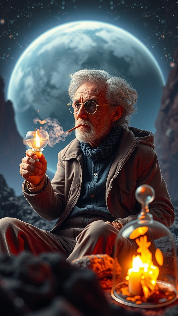 An elderly man with white hair and beard sits on a rocky surface, smoking a pipe and holding a glass. The background features a large, luminous moon that adds a surreal glow to the scene. The ambiance is dreamlike, with a mix of natural and mystical elements that evoke curiosity and introspection.